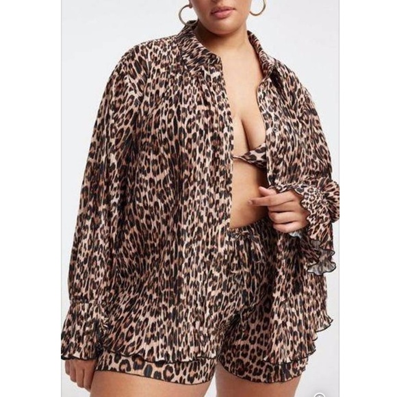 Good American Always Fits Plissé Pleated Buttondown Leopard Shirt Sz 3/4 - Picture 5 of 14